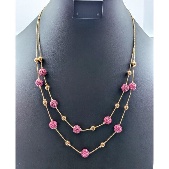 Two Strand Gold Tone Pink Razzle Dazzle Disco Ball Bead 18"-21" Necklace - Picture 1 of 8